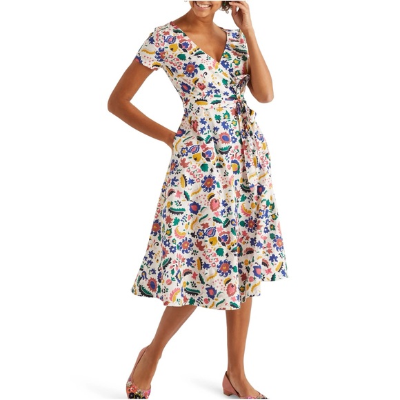 SOLD-Boden Colorful Artsy Flower Faux Wrap Short Sleeve Knee Length White Dress - Picture 1 of 10